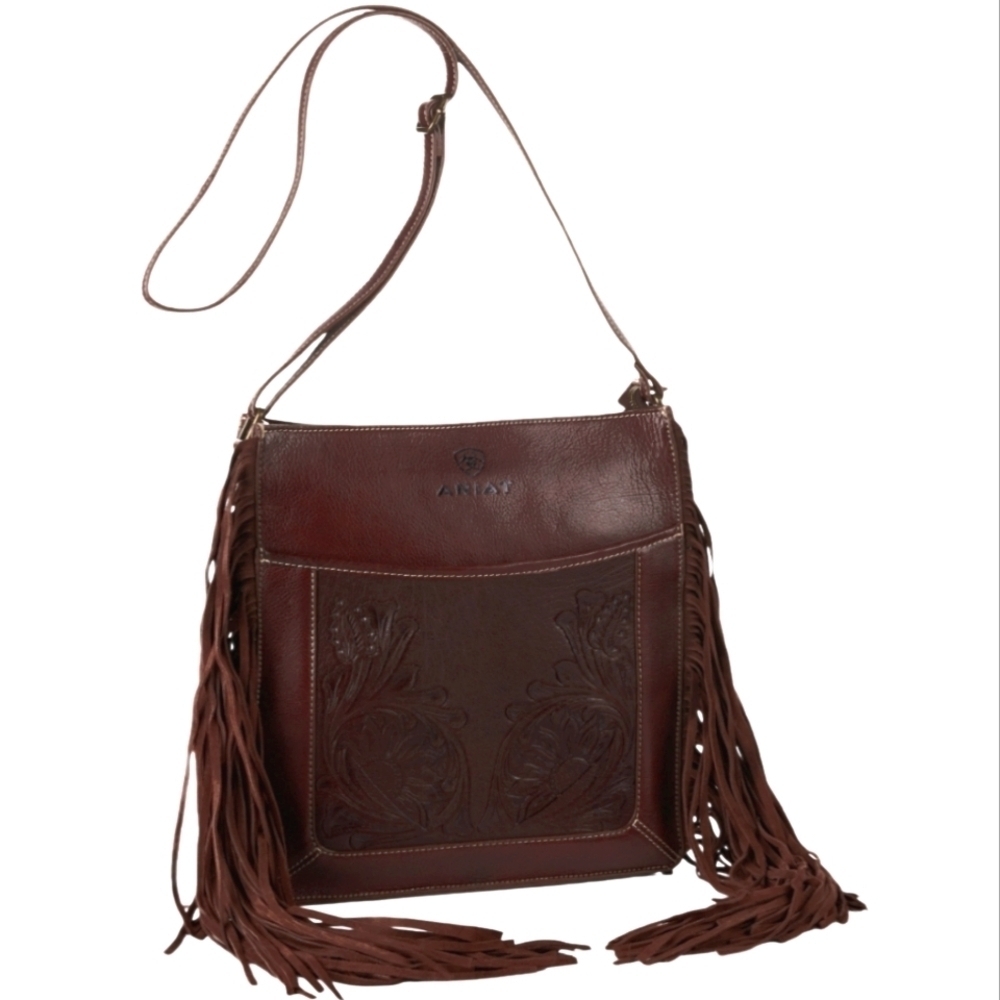 NEW! ARIAT Victoria Genuine Leather Tooled Floral Crossbody Messenger Bag.
